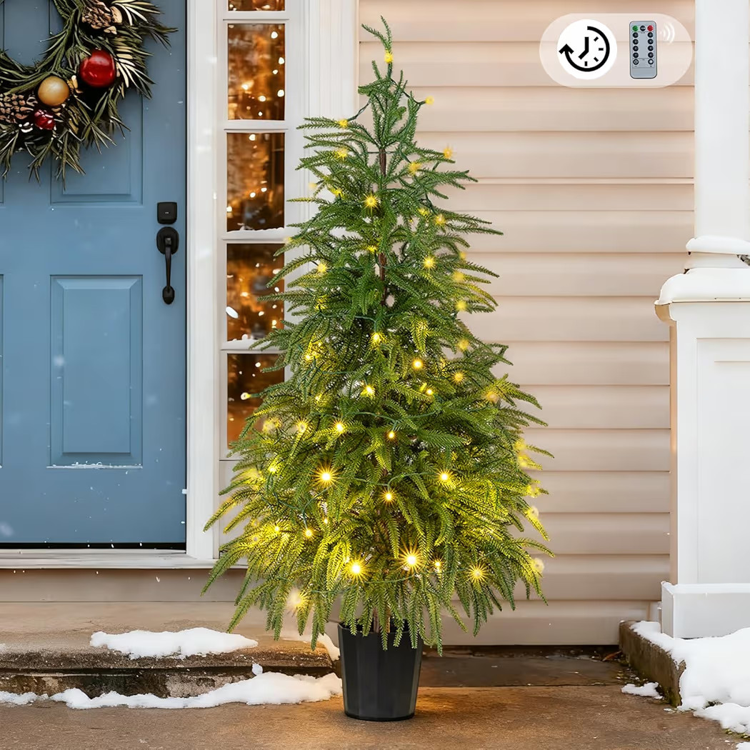 BLOSMON Outdoor Christmas Trees for Porch: 4 Ft Norfolk Pine Tree with 100 LED Lights Remote Cont... | Amazon (US)