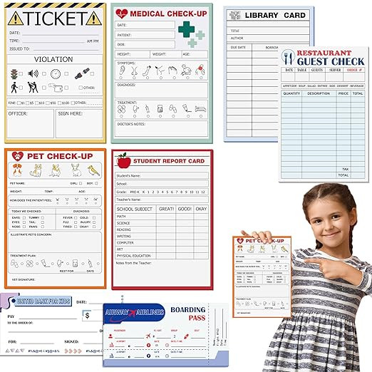 Dunzoom 8 Pack Kids Pretend Play Notepads Doctor/Veterinarian/Teacher/Police Ticket/Restaurant/Bo... | Amazon (US)