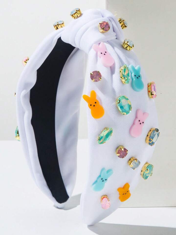 1pc White Fabric Twisted Wide-Brimmed Hair Hoop With Easter Element Rhinestone Rabbit Decor, Fashionable Rhinestone Accessory, Sweet & Cute Holiday Hair Clip | SHEIN