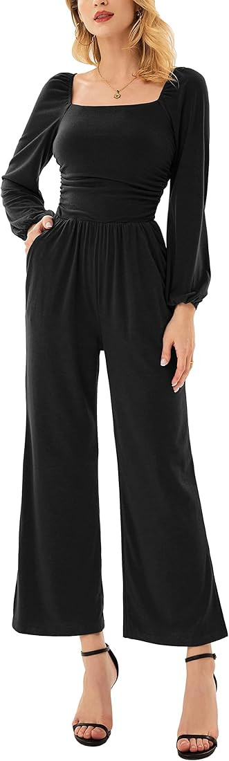Women Casual Square Neck Long Sleeve Wide Leg Jumpsuits with Pockets | Amazon (US)
