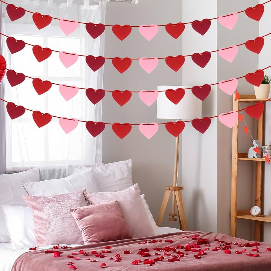 OLANRUN Valentines Day Decor, 40 Red Felt Hearts Garland - NO DIY, Hanging Valentines Day Decorat... | Amazon (US)