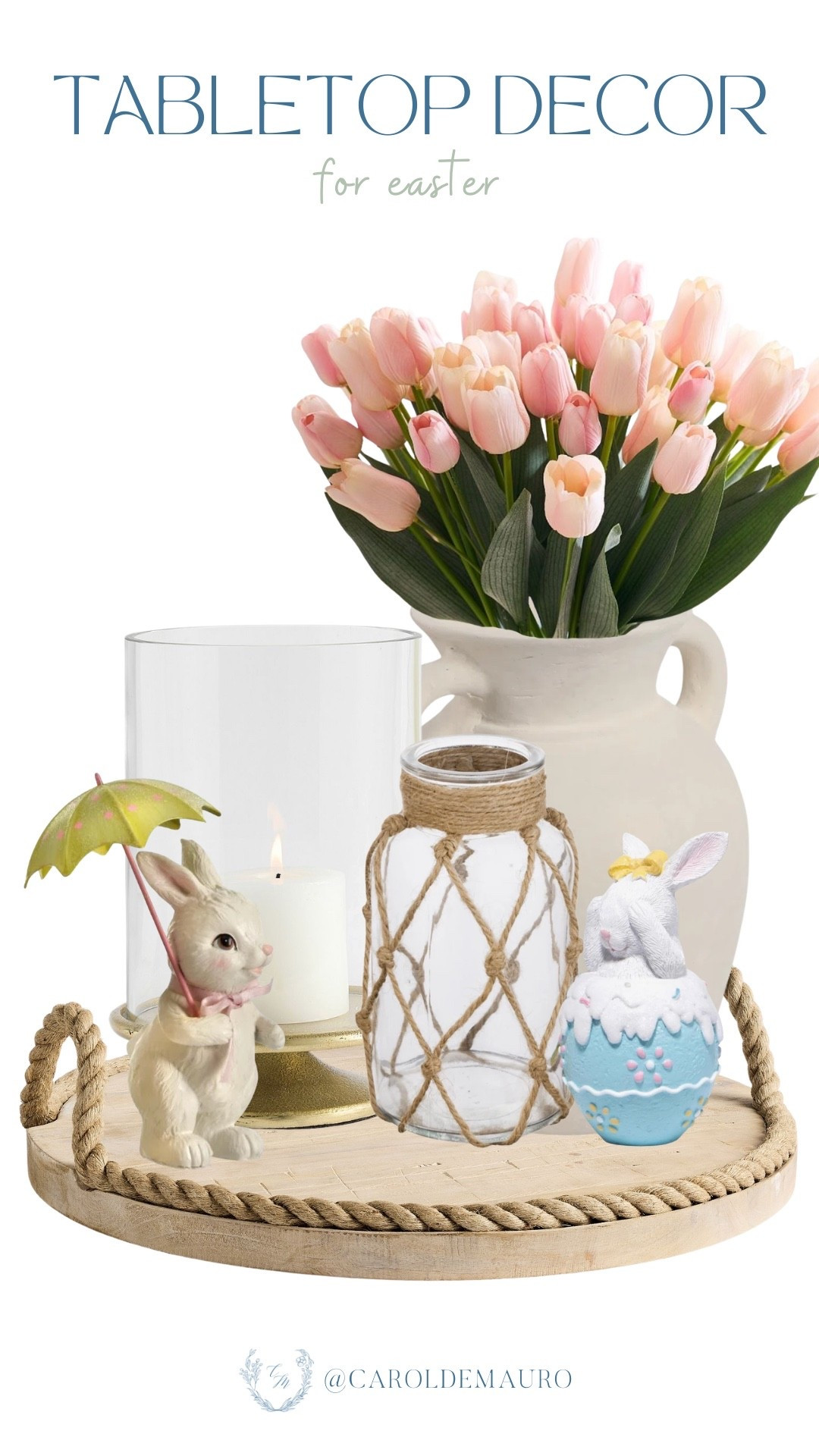 If you're looking to effortlessly elevate your coffee table this spring, style some charming bunnies and a lamp on a rustic rope tray. Adding a bunch of tulips in a textured white vase will instantly bring that bright and airy Easter energy to any room.

spring decor, easter styling, whimsical inspo, affordable finds, centerpiece, scented candle, cozy vibes, bunny decor

#LTKSeasonal #LTKU #LTKHome