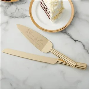 Elegant Couple Engraved Gold Cake Knife & Server Set | Personalization Mall