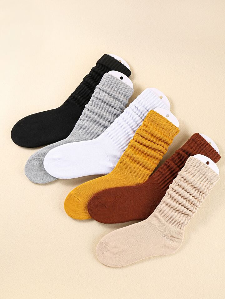 6pairs Women's Solid Color Ribbed Mid-calf Socks For Daily Wear | SHEIN