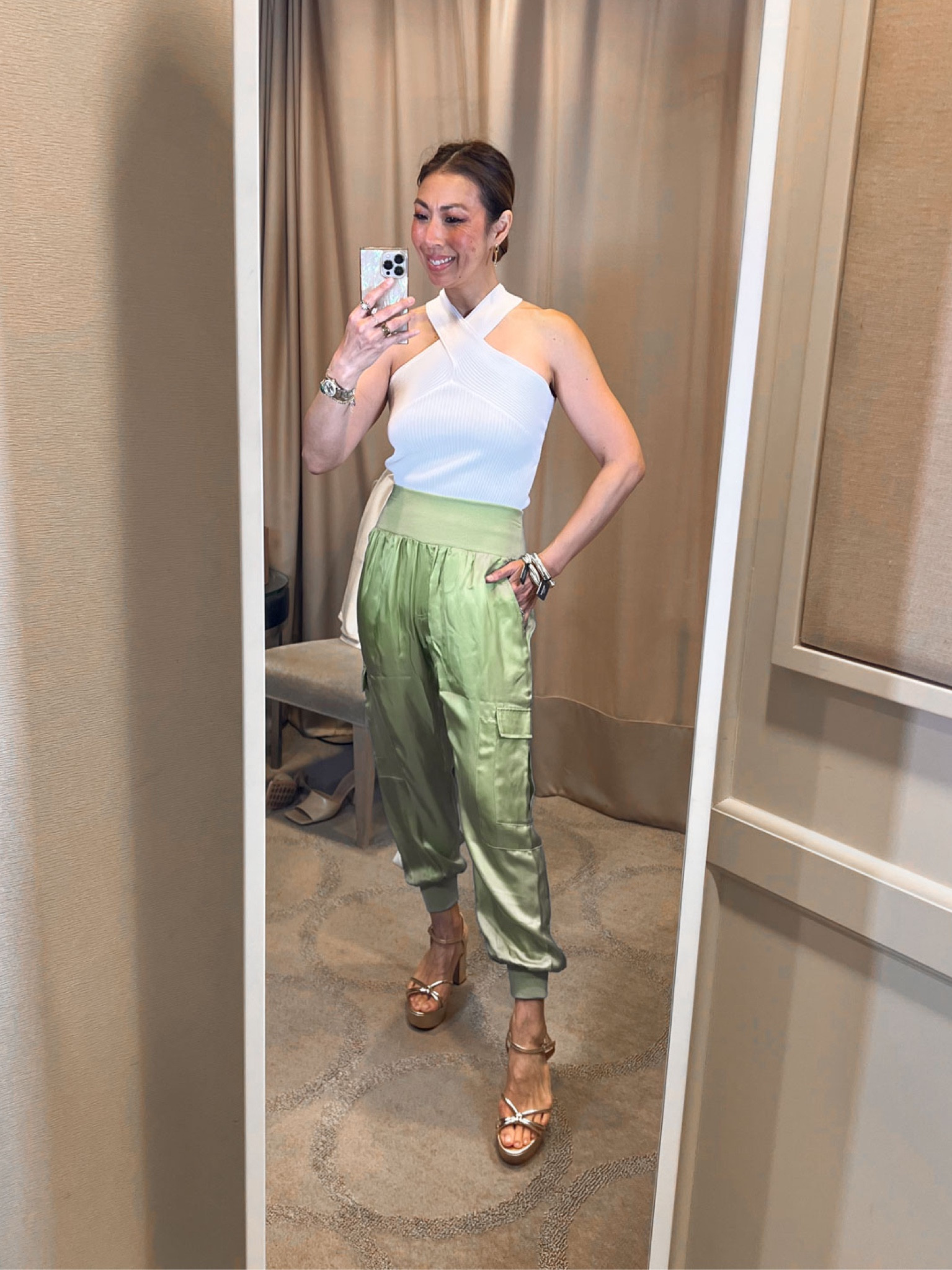 Fun Cinq a Sept green cargo joggers that have a matching halter and jacket 💚 #styleofsam #nsale 

#LTKxNSale #LTKstyletip #LTKtravel