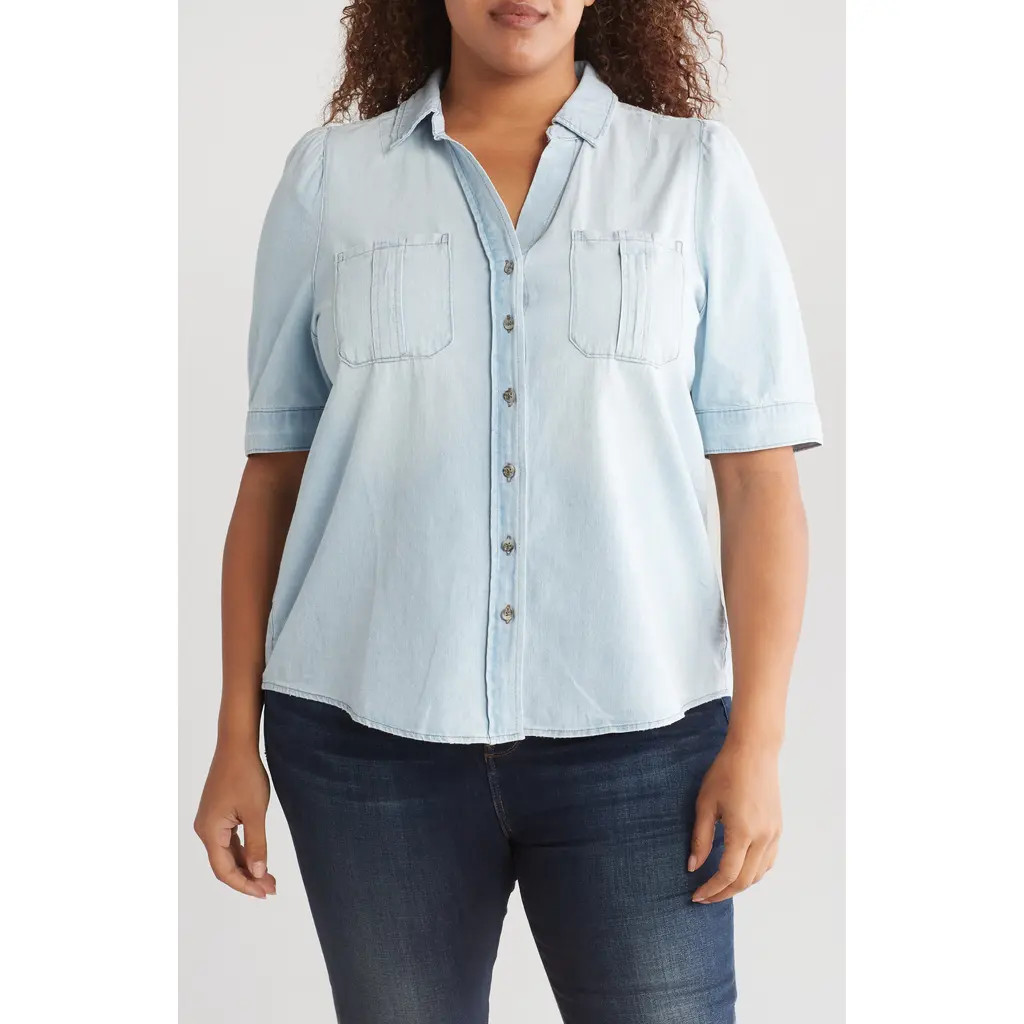 Democracy Denim Short Sleeve Button-Up Shirt in Light Blue at Nordstrom Rack, Size 2X | Nordstrom Rack