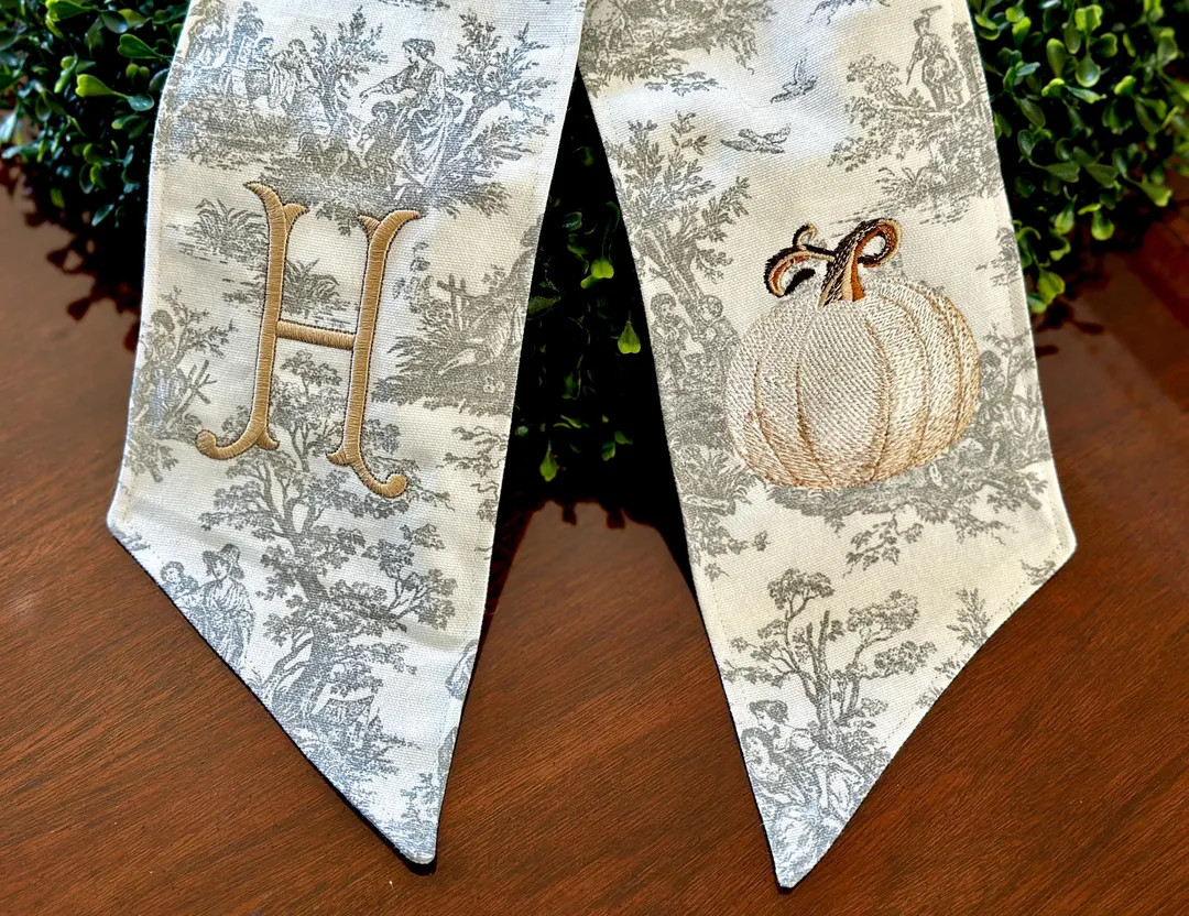 Custom Toile Wreath Sash: Monogrammed Pumpkin Swag, Fall Porch Decor - Etsy | Etsy (US)