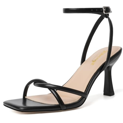 RIBONGZ Black Heels for Women Strappy Kitten Heels Square Open Toe High Heeled Lace Up Sandals with Ankle Strap Elegant Summer Wedding Party Prom Work Daily Wear Dress Shoes 7 | Amazon (US)