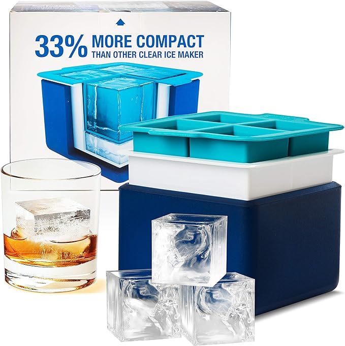 Clear Big Ice Cube Maker - Silicone Mold Trays Makes 4 Large Crystal Ice Cubes - Compact Tray Sys... | Amazon (US)
