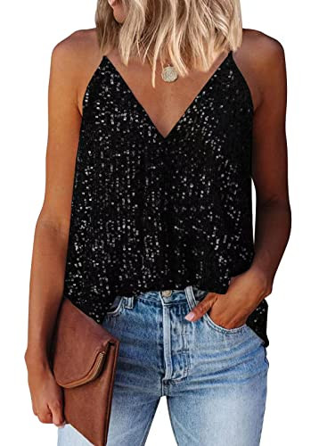 miduo Womens Tank Tops Casual Fashion V Neck Strappy Sequin Sparkle Shimmer Camisole Sleeveless T... | Amazon (US)