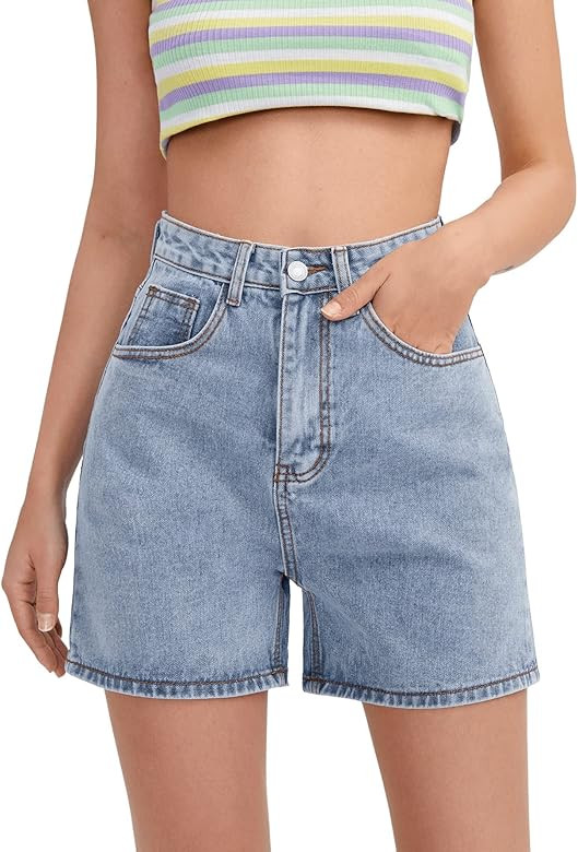 SweatyRocks Women's High Waist Straight Leg Denim Shorts Solid Jean Shorts Summer Hot Pants with Poc | Amazon (US)