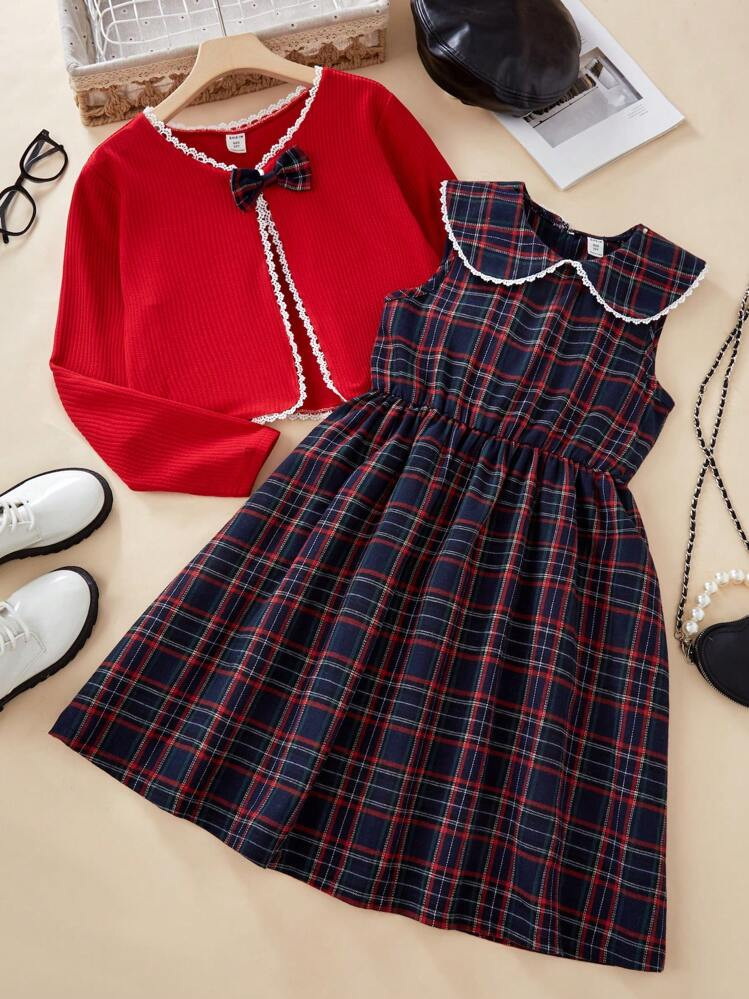 SHEIN 2pcs Tween Girl Christmas Bow Red Shirt & Plaid Peter Pan Collar Red Dress Set, Celebration... | SHEIN