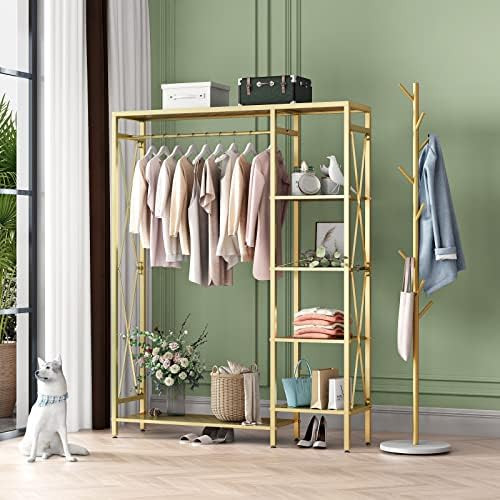 TIEOU Gold Clothing Rack with Shelves, Standing Garment Rack, Clothes Rack for Hanging Clothes, Mode | Amazon (US)