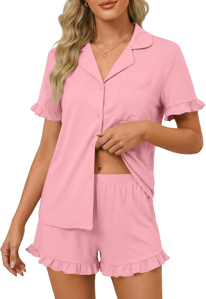 LYANER Women's Pajamas Set Button Down V Neck Short Sleeve Ruffle Pjs Top with Shorts Sleepwear | Amazon (US)