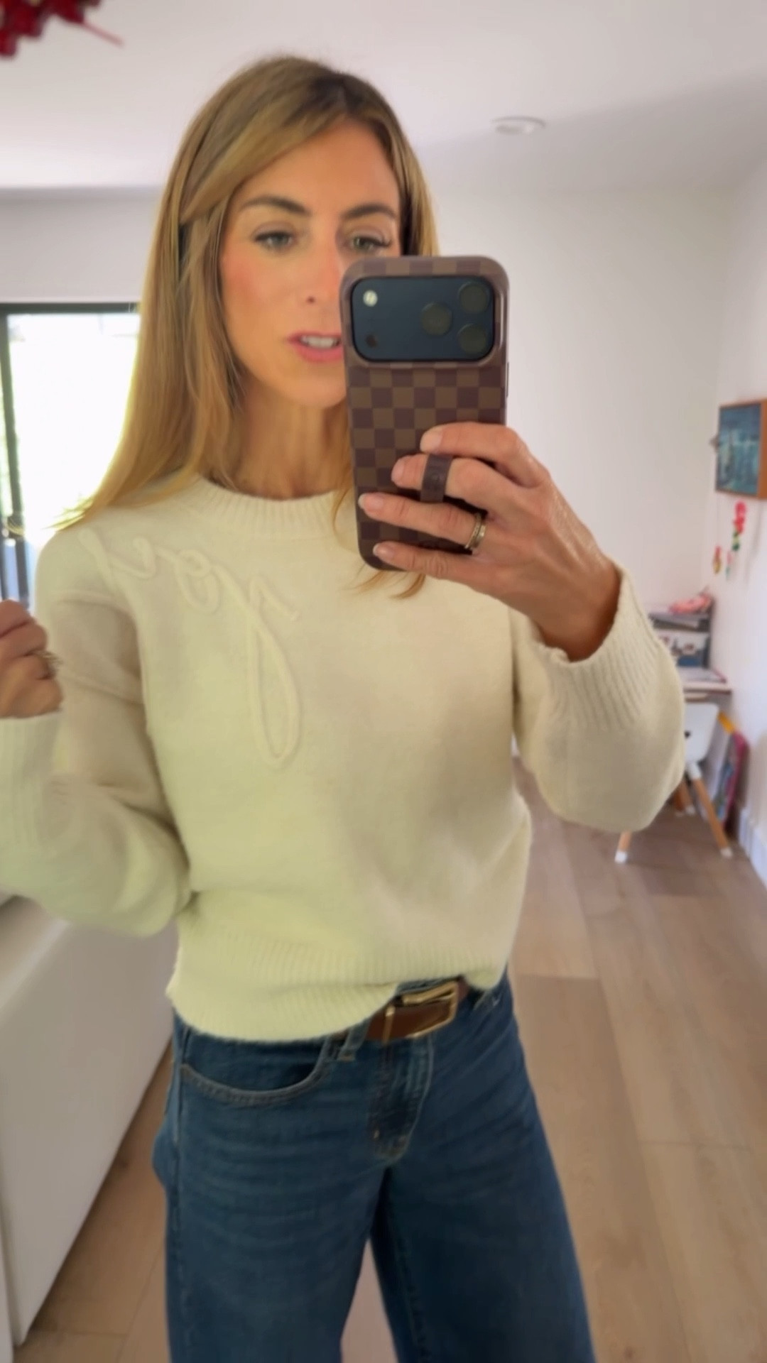 Gorgeous cream sweater that says joy, gorgeous!! Affordable & beautiful. High rise wide leg denim jeans. Levi’s under $60 brown boots, brown belt, holiday outfit, Christmas Eve outfit, festive outfit, target sweater, joy sweater.

#LTKOver40 #LTKootd #LTKHoliday