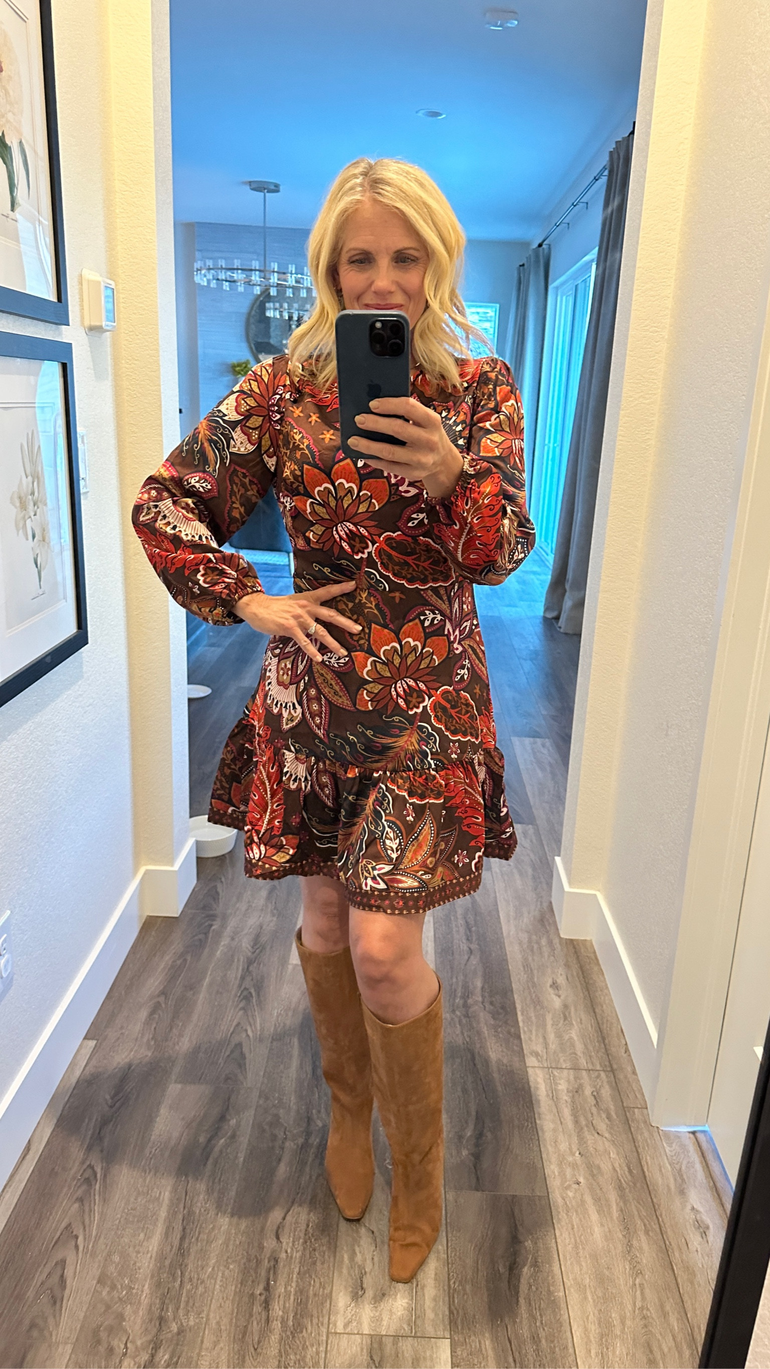 Fall fashion! Fall dress, brown tall boots for Fall, brown suede boots, cute dress, black stone jewelry, brown purse, brown bag for Fall

#LTKSeasonal #LTKFindsUnder50