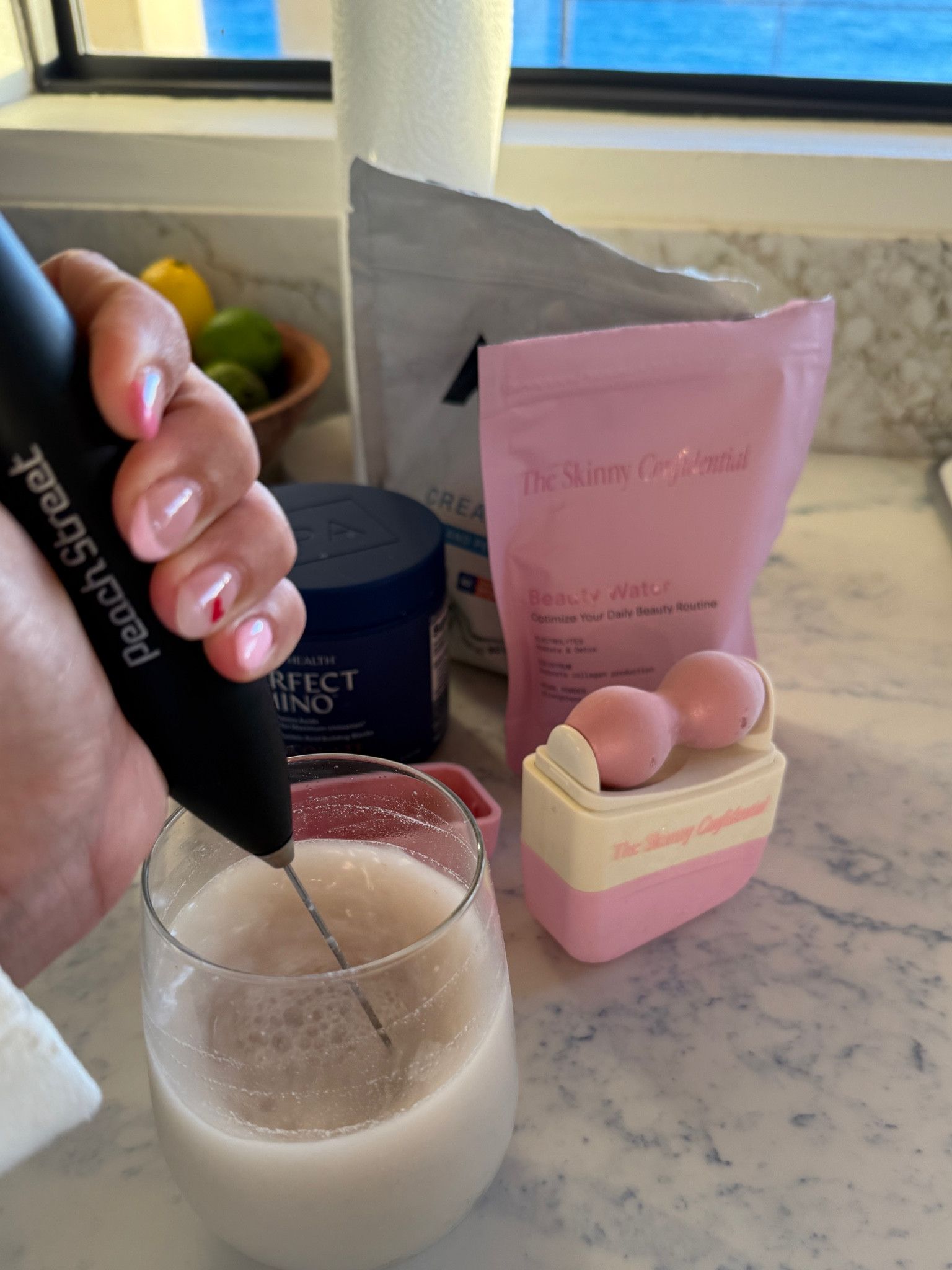 My Morning routine:
- creatine
- aminos 
- colostrum 
- electrolytes 
- pearl powder 

Mix in cup of cold water with frother! I love using my ice roller as I sit and sip my drink 

#LTKBeauty #LTKGiftGuide