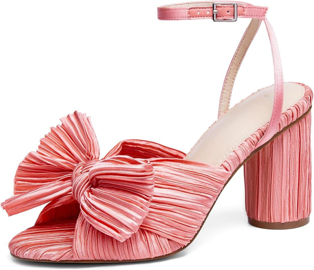 VETASTE Women's Bow Knot Heeled Sandals Bridal Wedding Open Toe Ankle Strap Chunky Heels | Amazon (US)