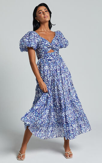 NELROSE MIDI DRESS - SHORT PUFF SLEEVE FRONT CUT OUT DRESS in Blue Print | Showpo (US, UK & Europe)