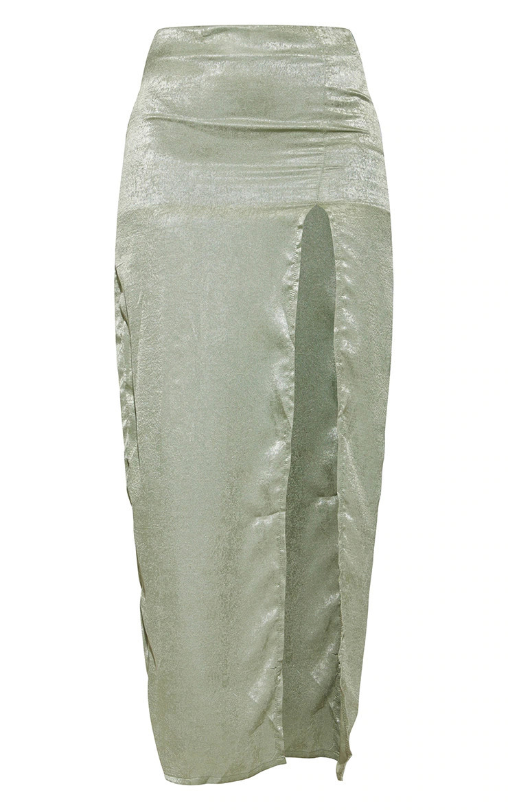 Olive Satin Split Leg Maxi Skirt | PrettyLittleThing US