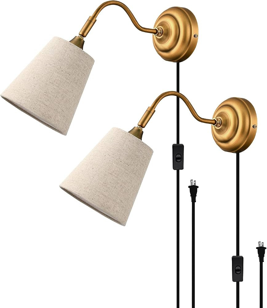 Plug in Swing Arm Wall Sconce Set of 2 ，YILYNN Antique Brass Finish Wall Light with Apricot Lin... | Amazon (CA)