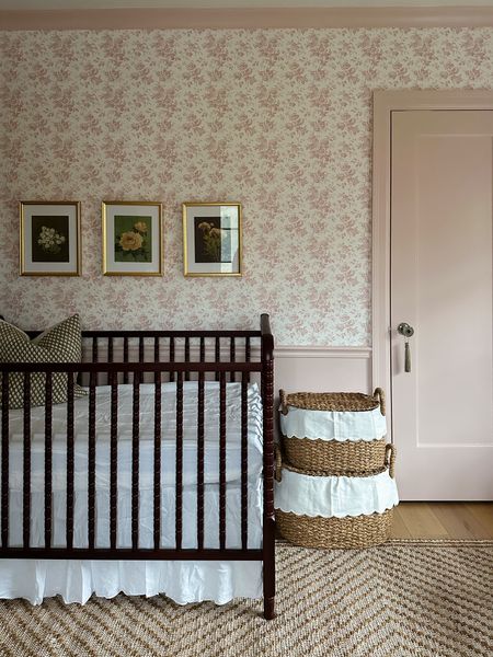 nursery details so far! Wooden crib, linen crib skirt, blush floral wallpaper, nursery decor, nursery set 

#LTKbump #LTKbaby #LTKhome