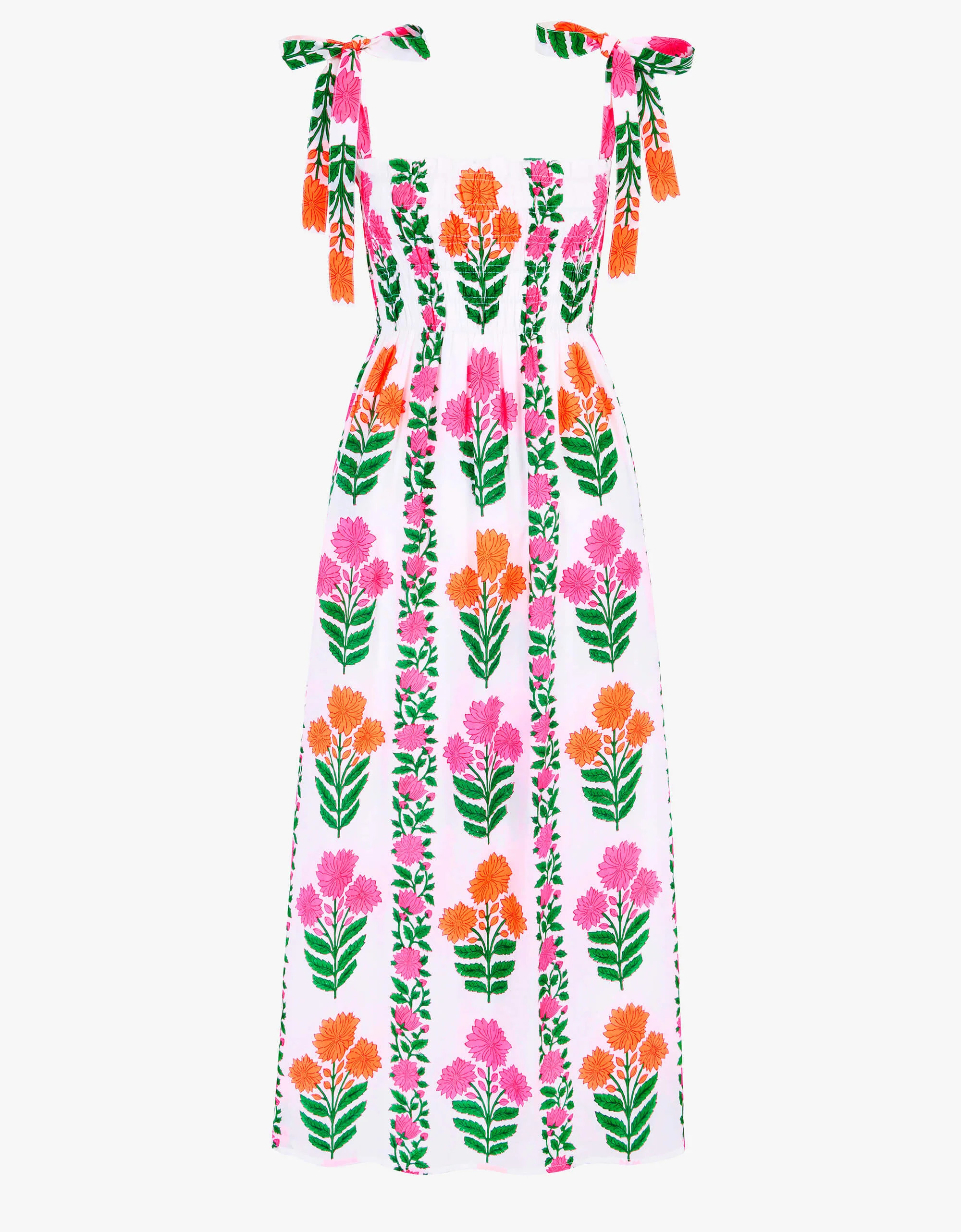 Martina Dress | Neon Pink & Orange Floral Midi | Block Print Cotton | Pink City Prints UK