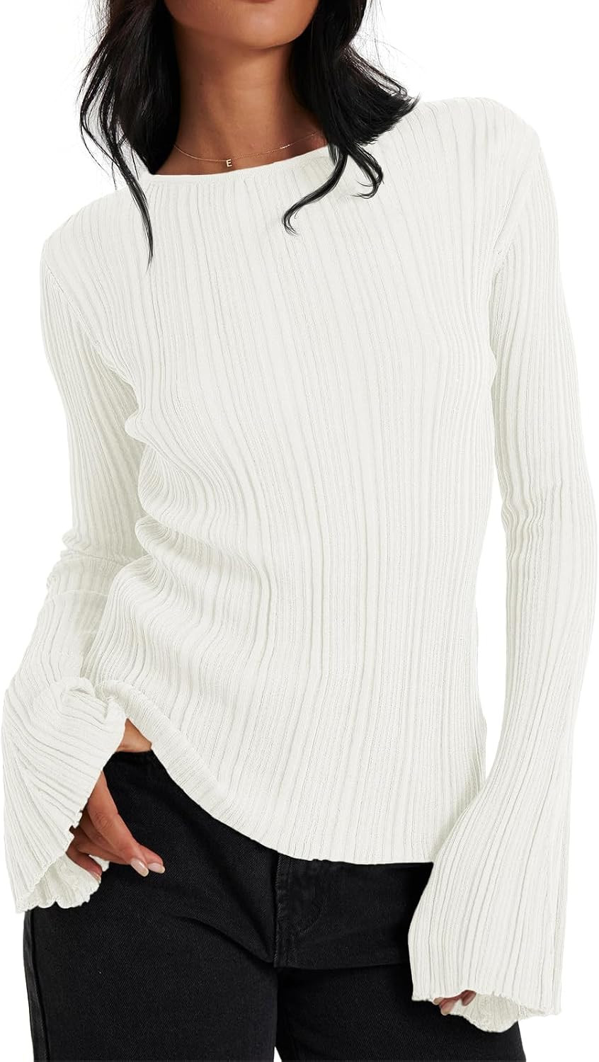 Cicy Bell Womens Bell Sleeve Tops Lightweight Sweater Fall Knitted Pullover | Amazon (US)