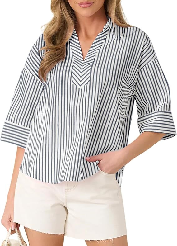 Watashi Women Striped Print Dressy Shirts Casual Oversize Henley Shirt 3/4 Sleeve Collared Office... | Amazon (US)