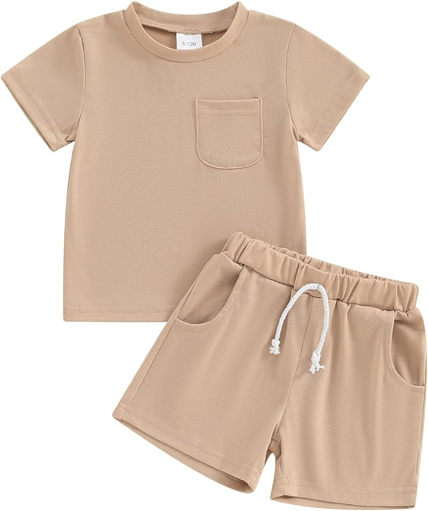 Trajes de verano para bebé niño y niña, de algodón, manga corta, camiseta sólida, pantalones... | Amazon (US)