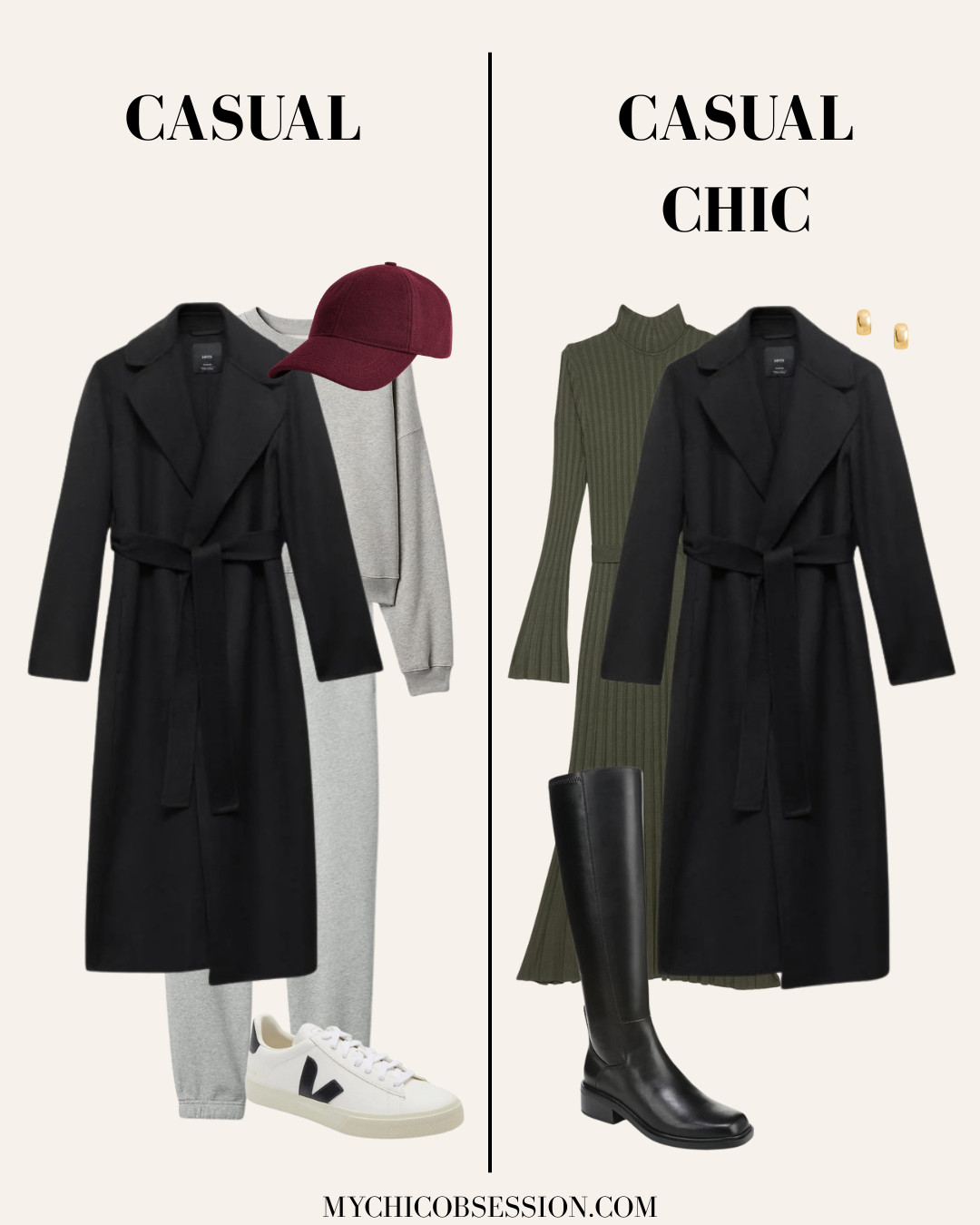 From casual to casual chic! For a casual fall outfit, layer a wool coat over a coordinating sweatshirt and sweatpants, accessorized with white sneakers and a burgundy hat. Then make it casual chic by swapping out your sweatsuit with a sweater dress and knee-high boots, with a pair of gold earrings. 

 #LTKSeasonal