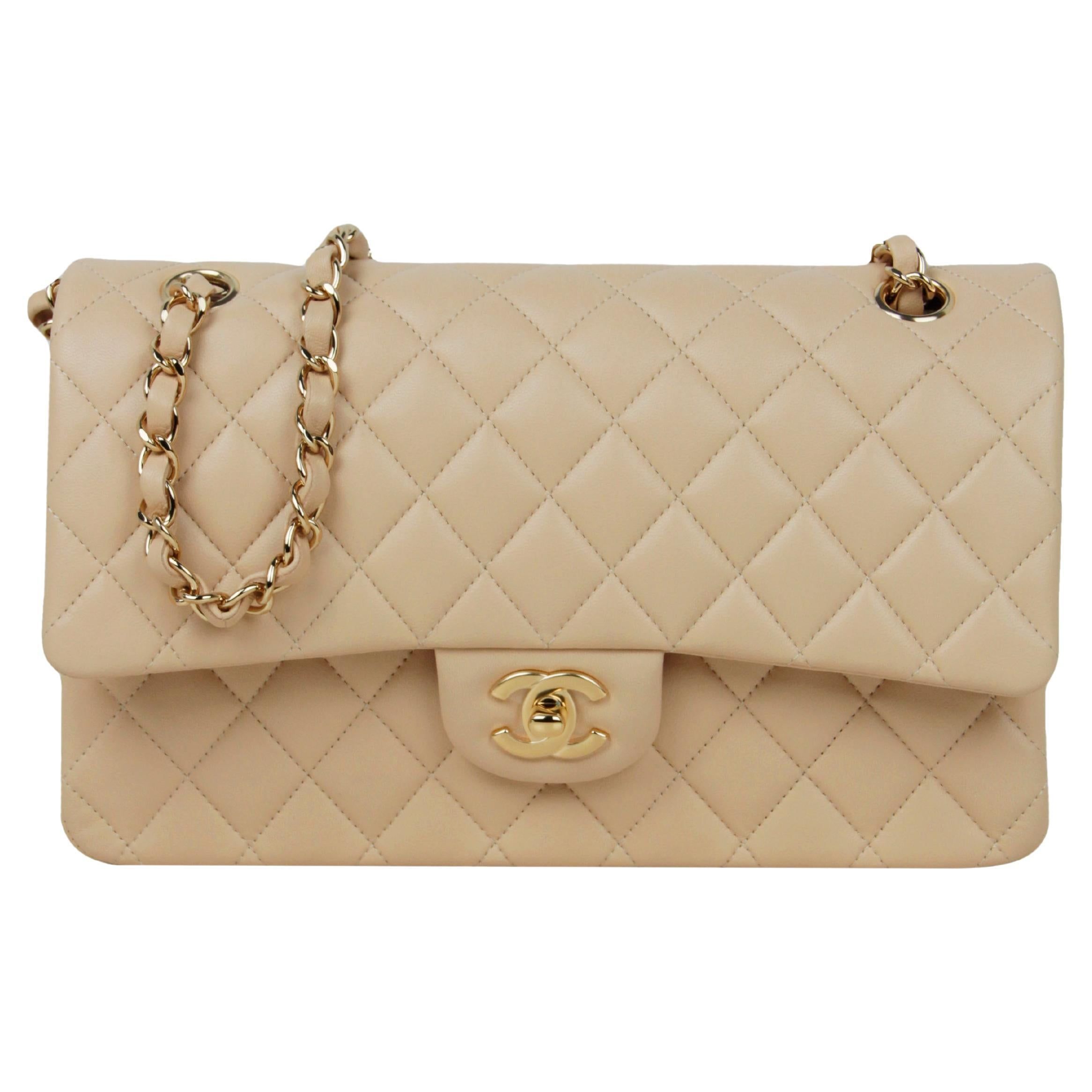 Chanel Beige Lambskin Leather 10" Medium Double Flap Classic Bag | 1stDibs