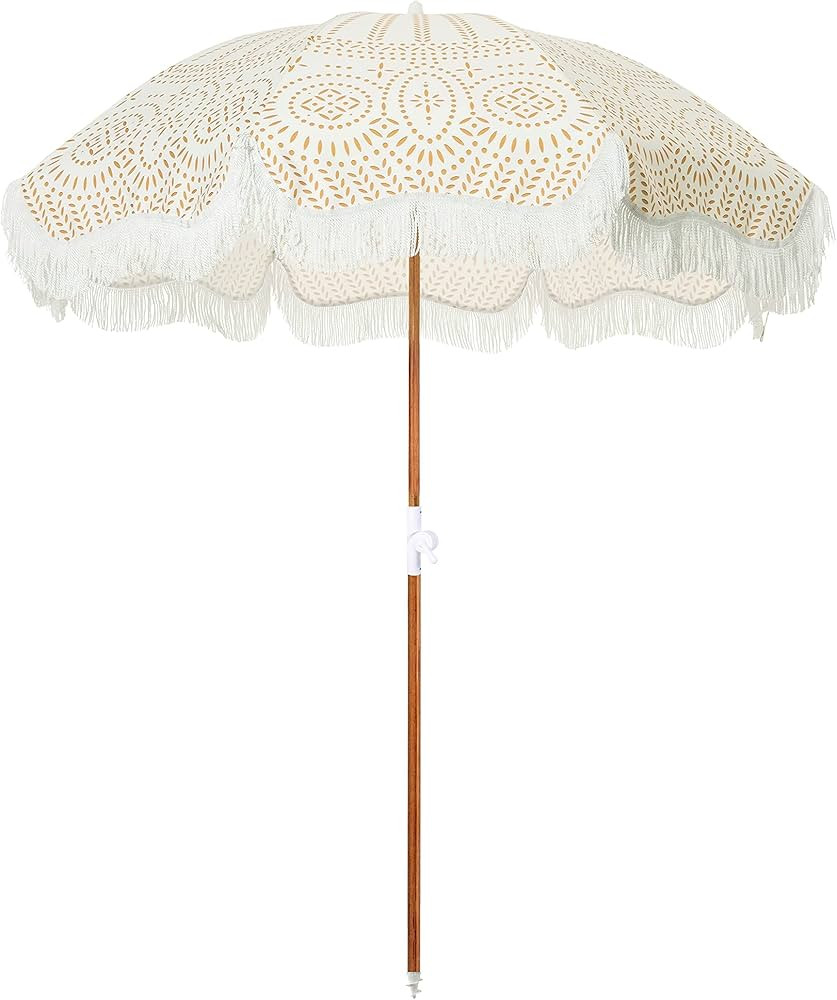 Business & Pleasure Co. Holiday Beach Umbrella ~ White Boho Fringe Umbrella, UPF 50+, 1" Tilting ... | Amazon (US)