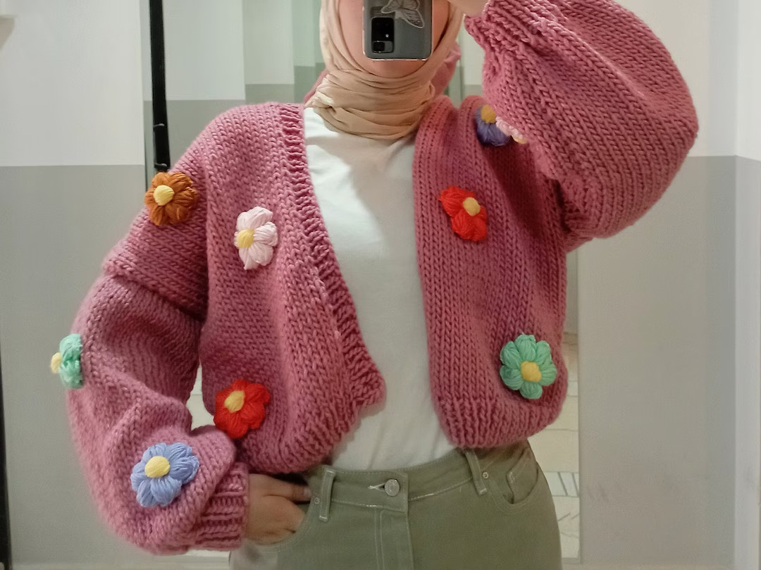 Chunky Flower Cardigan - Floral Knit Sweater , Oversized Daisy Cropped Cardigan | Etsy (US)