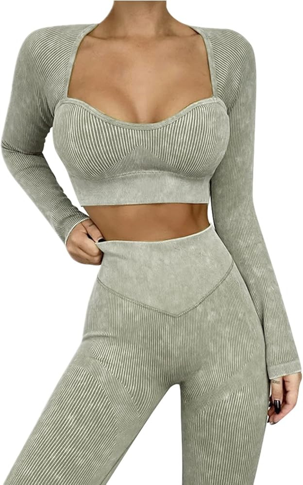 Workout Sets for Women Long Sleeev 2 Piece Yoga Outfits Seamless Ribbed Sweetheart Neck Crop Top ... | Amazon (US)