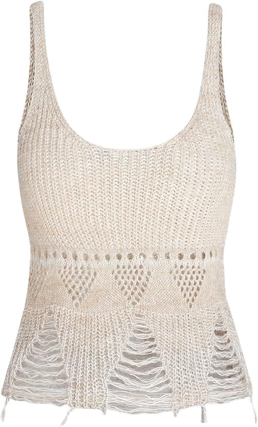 SweatyRocks Women's Scoop Neck Distressed Tank Top Sleeveless Asymmetrical Hem Sweater Vests | Amazon (US)