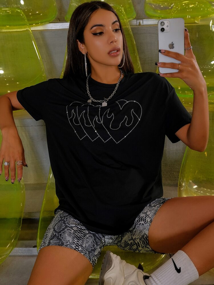 Heart & Fire Print Rhinestone Detail Tee | SHEIN