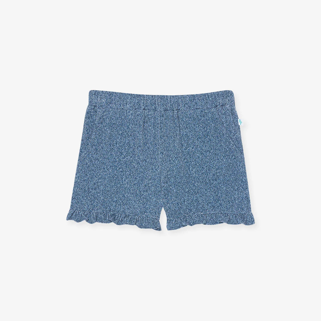 Denim Blue Toddler Girl Ruffled Terry Shorts | Indigo Denim | Posh Peanut