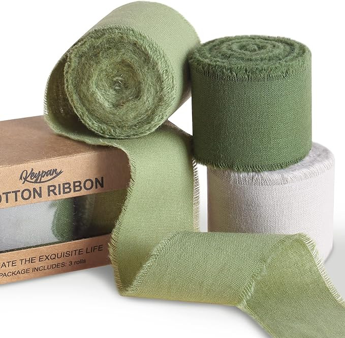Green Ribbon 1-1/2 x 15 Yards Handmade Cotton Frayed Fringe Fabric Ribbons for Crafts Flower Bouq... | Amazon (US)