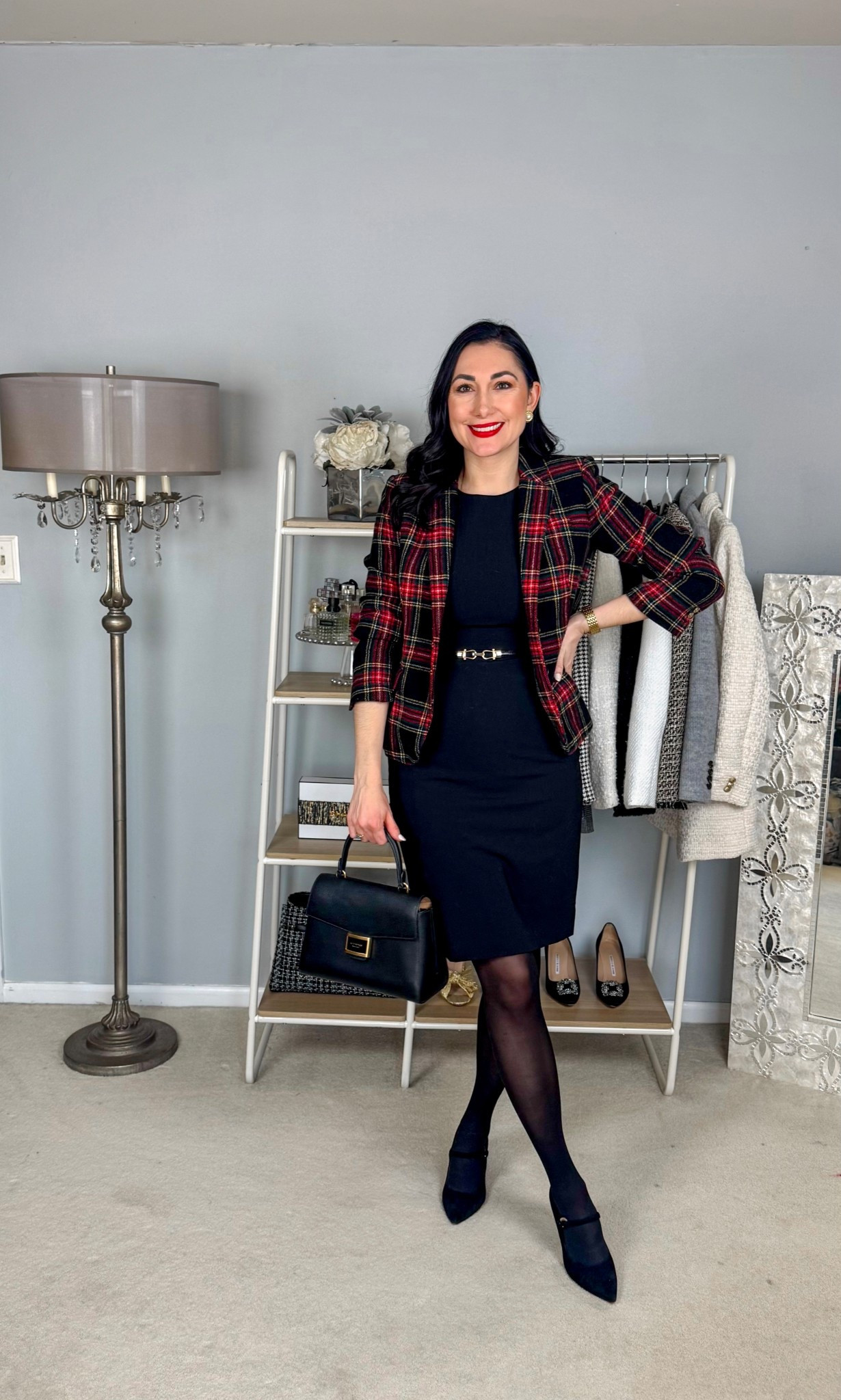 Holiday work outfit ❤️

Tartan plaid blazer 
Black sheath dress 
Black Sheertex tights 
Black Mary Jane heels 

Business profession 
Office outfit 
Work wear 

#LTKSeasonal #LTKHoliday #LTKWorkwear