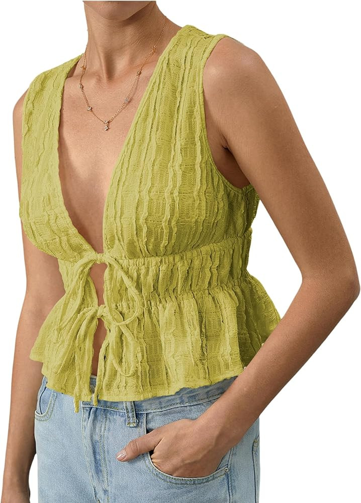 MakeMeChic Women's Tie Front Tank Top Sleeveless Ruffle Hem Crop Going Out Tops | Amazon (US)