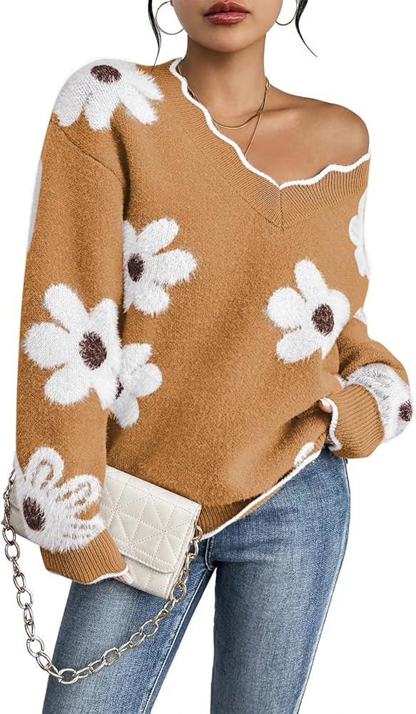 Pink Queen Women's Oversized V Neck Fuzzy Sweaters 2026 Casual Loose Long Sleeve Chunky Knit Pull... | Amazon (US)