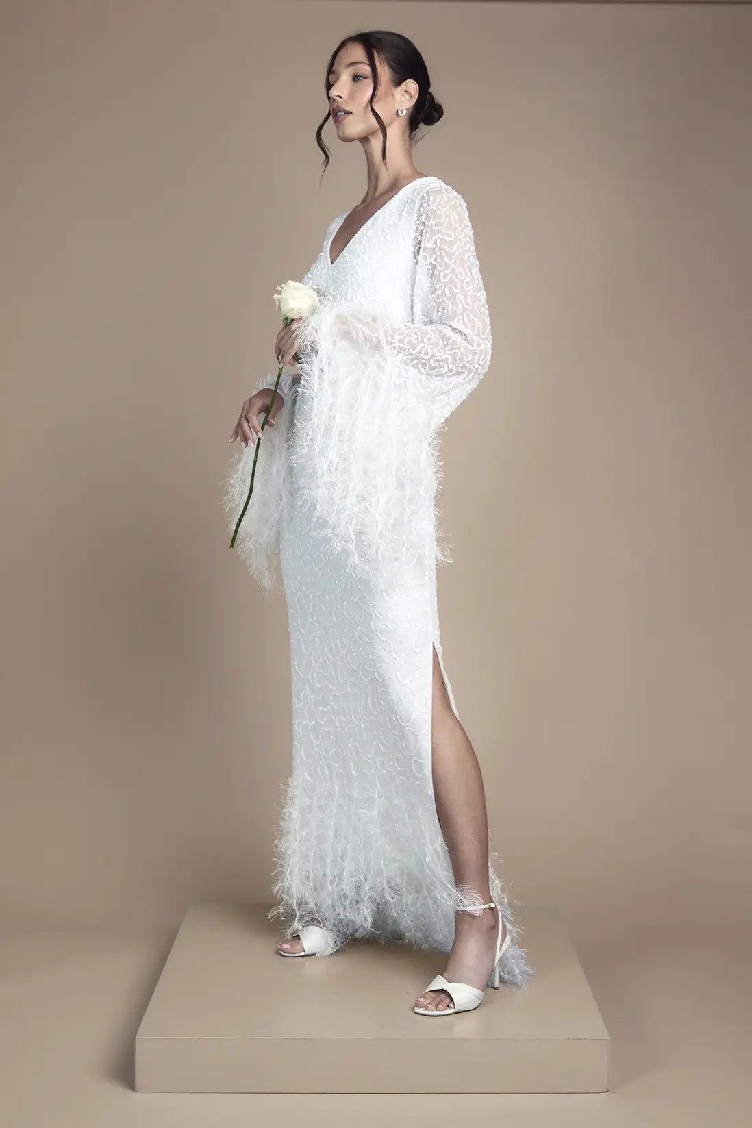 Sequin Embellished Feather Trim Long Sleeve Maxi Wedding Dress | Karen Millen