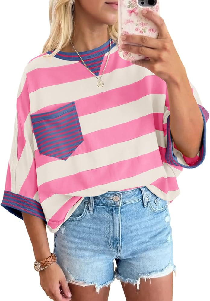 Fisoew Womens 2026 Summer Color Block Striped T-Shirts Oversized Short Sleeve Crewneck Y2K Tops C... | Amazon (US)