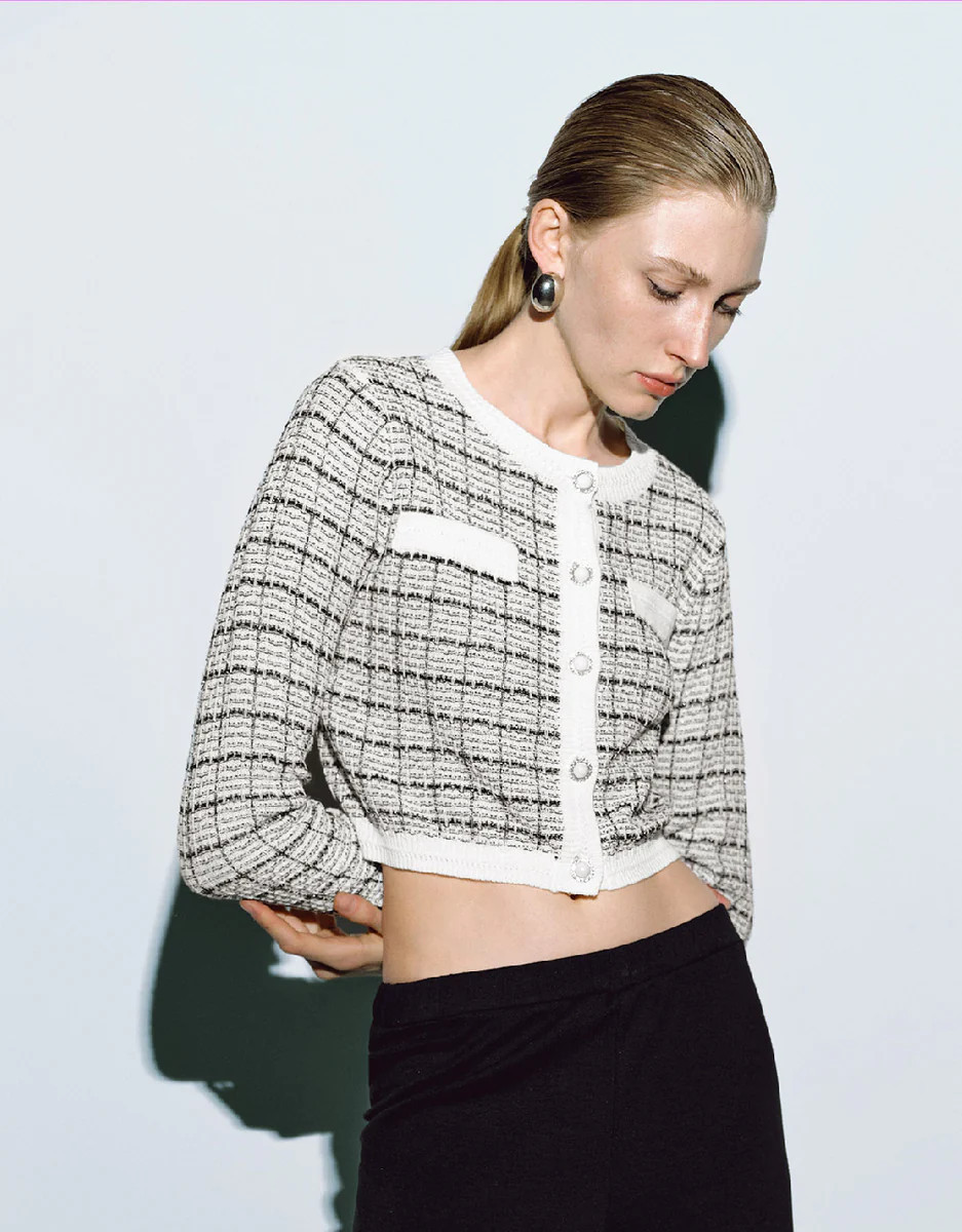 Tweed Crew Neck Knitted Cardigan | Urban Revivo