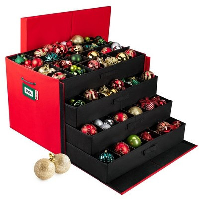 Hold N' Storage - Christmas Ornament Storage Container Box with Dividers - Stores up to 96-3" Ornaments with 4 Removable Trays with Separators - Red | Target