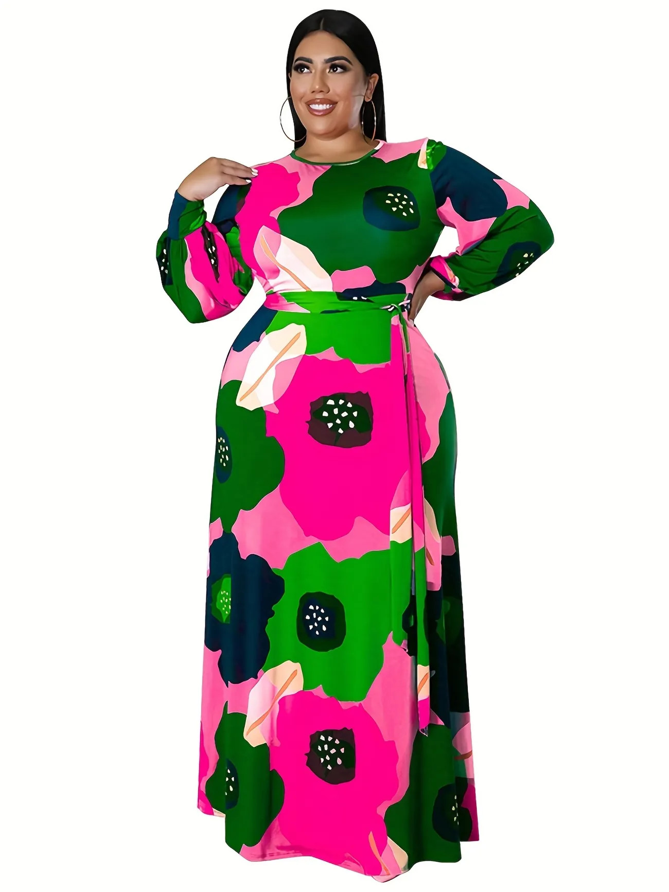 Plus Size Casual Dress, Women's Plus Floral Print Lantern Sleeve Round Neck High Stretch Maxi Dre... | Temu Affiliate Program