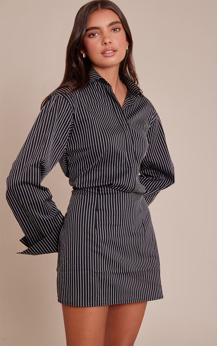 Black Pinstripe Button Down Long Sleeve Shirt Dress | PrettyLittleThing US