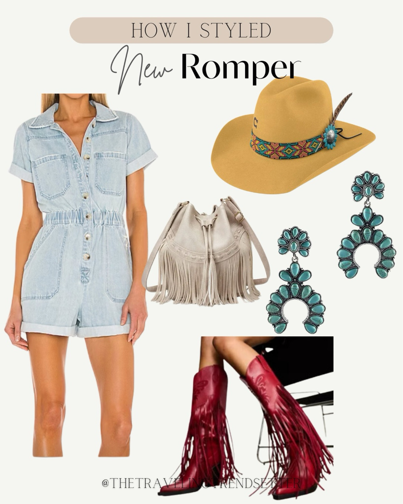 How to style a denim romper, country concert, outfit, Nashville outfit, turquoise, cowboy hat, Amazon, look for less, bougie on a budget, red boots, earrings, cowboy hat, cowgirl hat, cowgirl, boots, purse, denim, romper, spring, summer outfit, Rodeo, Houston Rodeo

#LTKfindsunder50 #LTKfindsunder100 #LTKworkwear