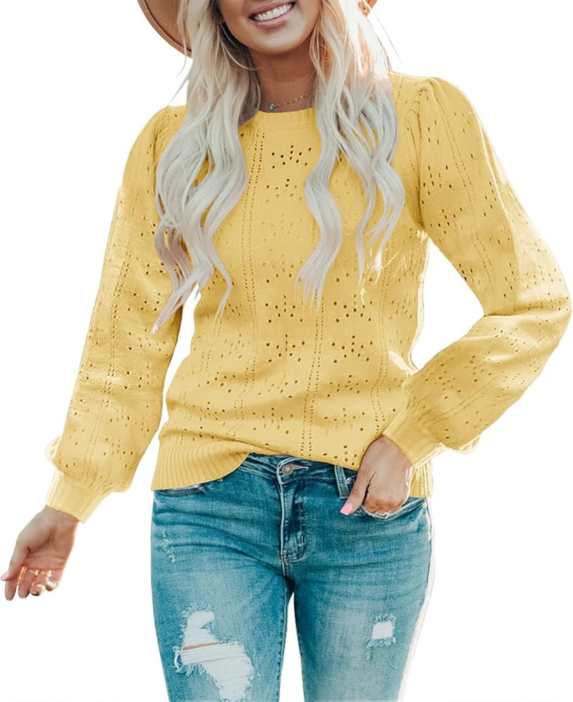 Foshow Womens Fall Puff Long Sleeve Pullover Sweaters Tops Soft Dot Crew Neck Shirt Lightweight H... | Amazon (US)